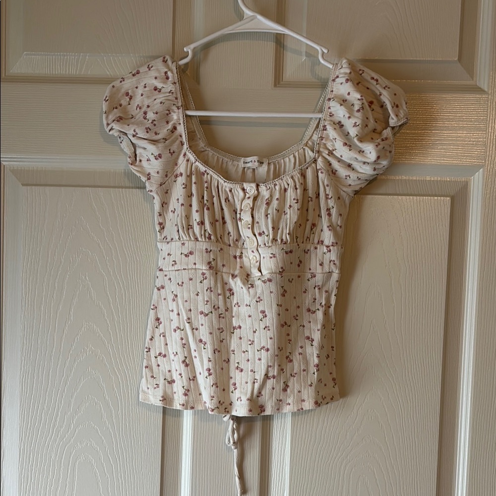 Heart Hips Cream Puff Sleeve Blouse with Ruched Tie Front